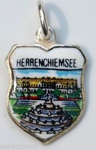 (image for) Herrenchiemsee GERMANY - New Palace Fountain - Vintage Silver Enamel Travel Shield Charm