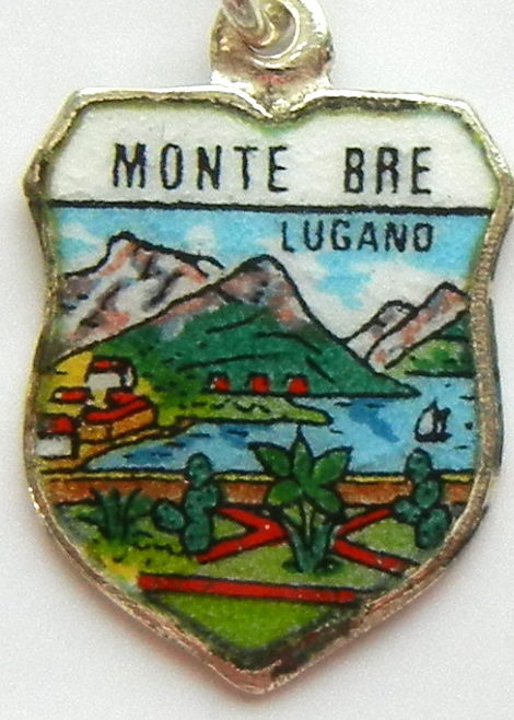 (image for) Monte Bre SWITZERLAND - Lugano - Vintage Silver Enamel Travel Shield Charm