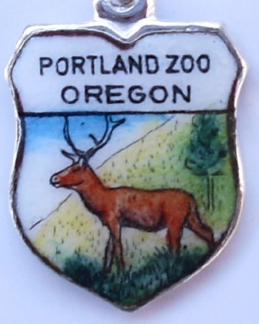 (image for) Oregon - Portland Deer - Vintage Silver Pl. Enamel Travel Shield Charm