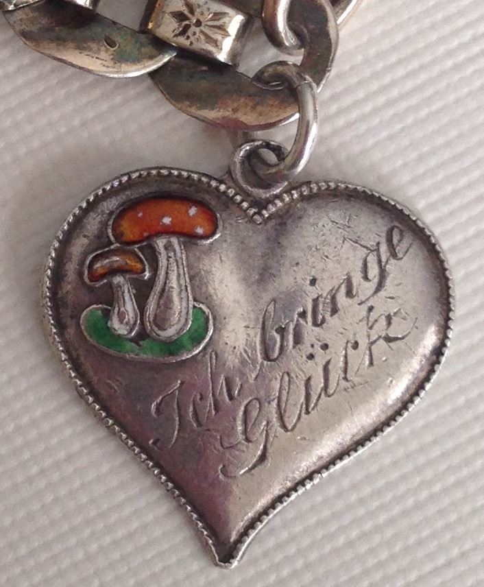 (image for) SOLD - Antique Art Nouveau Silver & Enamel Lucky Mushrooms Charm Rare