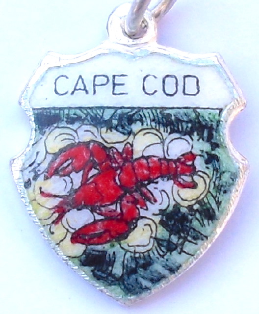 Massachusetts - Cape Cod Lobster - Vintage Silver Enamel Travel Shield Charm (image for) Massachusetts - Cape Cod Lobster - Vintage Silver Enamel Travel Shield Charm