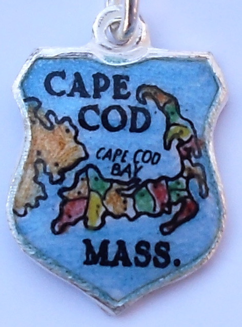 Massachusetts - Cape Cod Map 2 - Vintage Silver Enamel Travel Shield Charm (image for) Massachusetts - Cape Cod Map 2 - Vintage Silver Enamel Travel Shield Charm