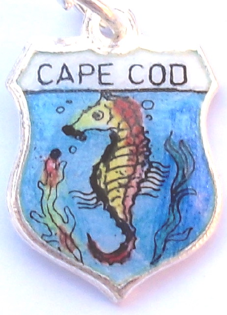 Massachusetts - Cape Cod Seahorse - Vintage Silver Enamel Travel Shield Charm (image for) Massachusetts - Cape Cod Seahorse - Vintage Silver Enamel Travel Shield Charm