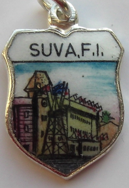 (image for) FIJI ISLANDS - SUVA - Building Vintage Enamel Travel Shield Charm