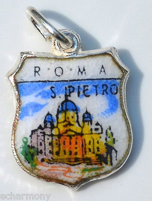 (image for) Rome Italy - Roma St. Peters (Vatican San Pietro 2) Vintage Silver Enamel Travel Shield Charm