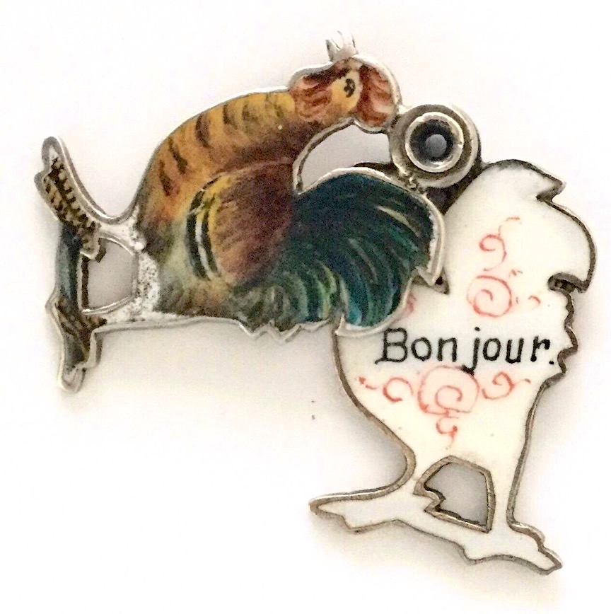 (image for) Victorian French Enameled Rooster Bonjour Slider Charm - France 800 Silver & Enamel