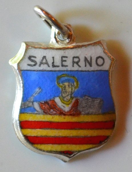 (image for) Salerno Italy - Coat of Arms - Vintage Enamel Travel Shield Charm - 800 Silver
