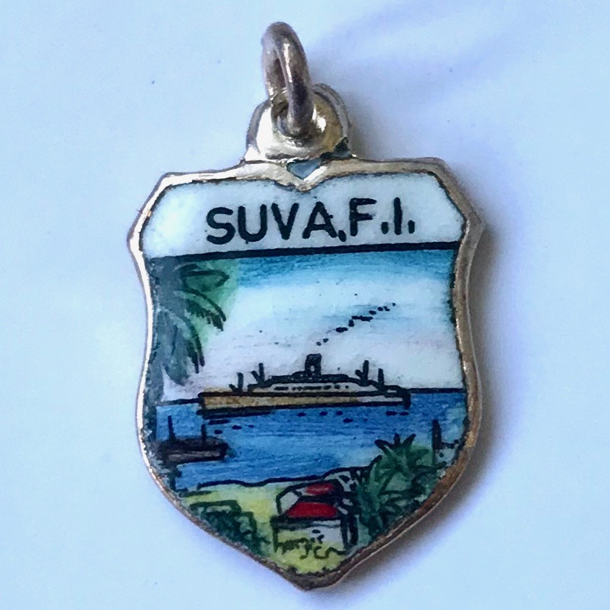 FIJI ISLANDS - Cruise Ship - Vintage Silver Pl. Enamel Travel Shield Charm (image for) FIJI ISLANDS - Cruise Ship - Vintage Silver Pl. Enamel Travel Shield Charm